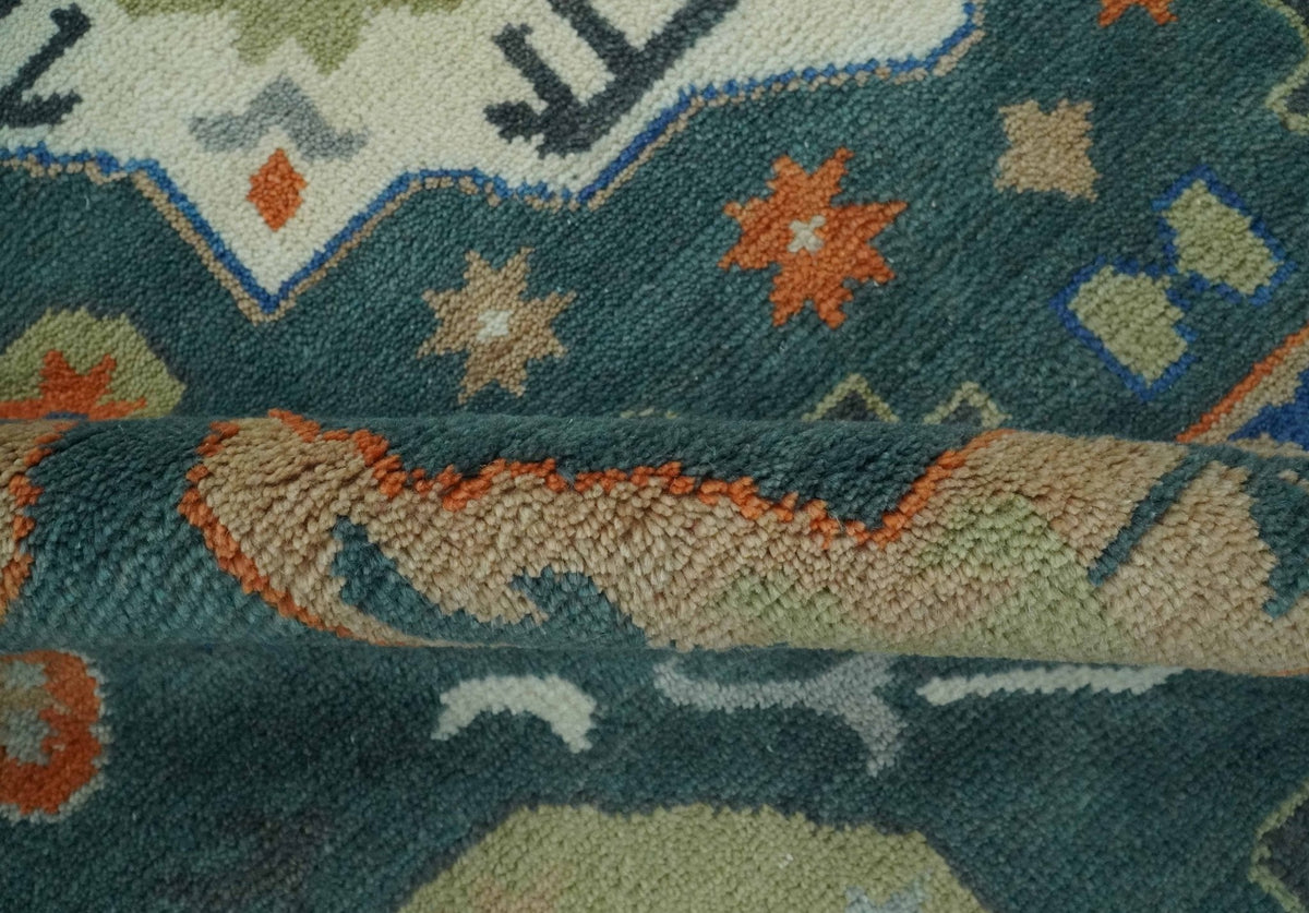 Custom Made Teal and Ivory Hand Knotted Traditional Mamluk Design wool Rug.