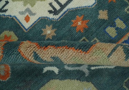 Custom Made Teal and Ivory Hand Knotted Traditional Mamluk Design wool Rug.