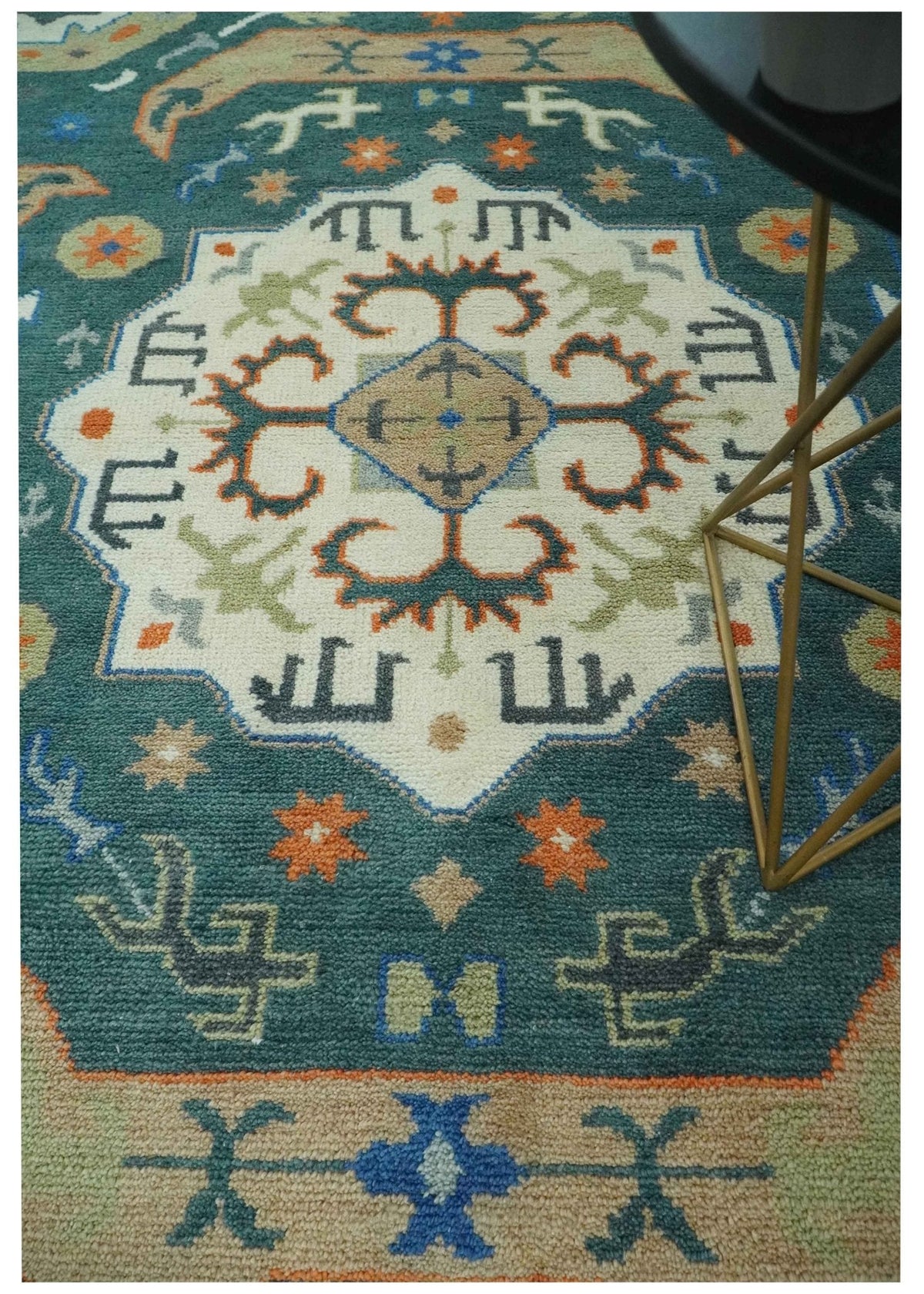 Custom Made Teal and Ivory Hand Knotted Traditional Mamluk Design wool Rug.