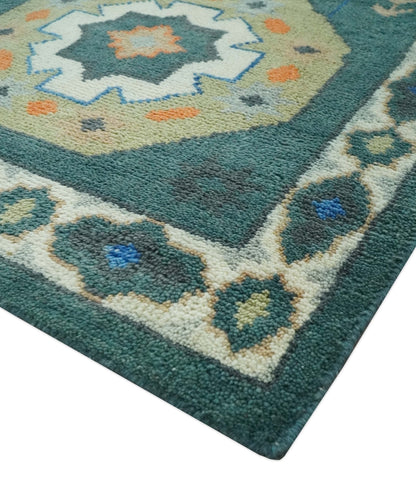 Custom Made Teal and Ivory Hand Knotted Traditional Mamluk Design wool Rug.