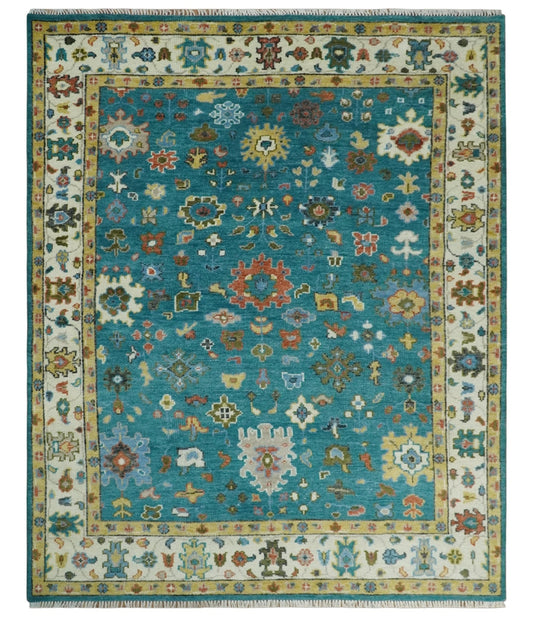 Custom Made Teal and Ivory Hand knotted Traditional Oushak wool Area Rug.