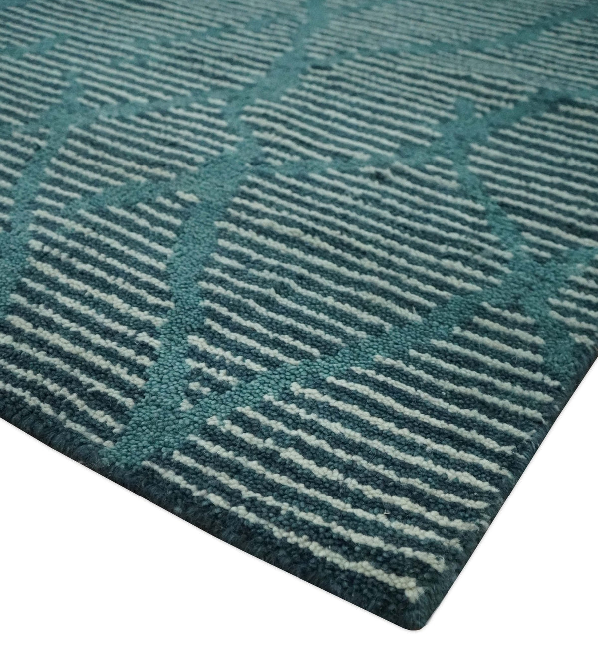 Custom Made Teal and Ivory Modern Stripes Design Hand Knotted wool Area Rug.