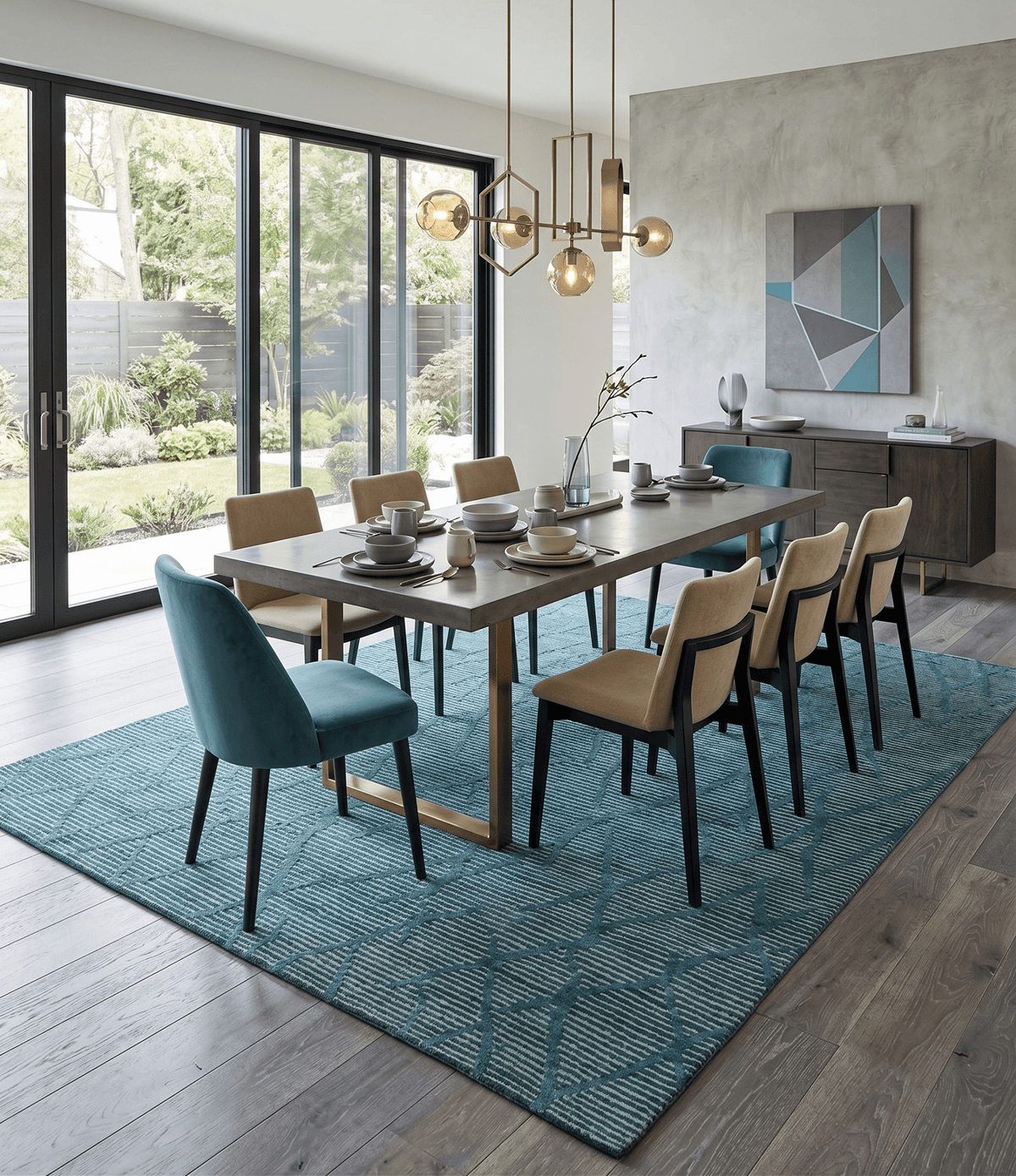 Custom Made Teal and Ivory Modern Stripes Design Hand Knotted wool Area Rug.