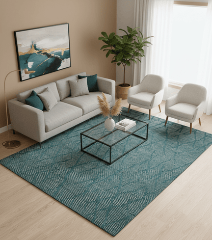 Custom Made Teal and Ivory Modern Stripes Design Hand Knotted wool Area Rug.