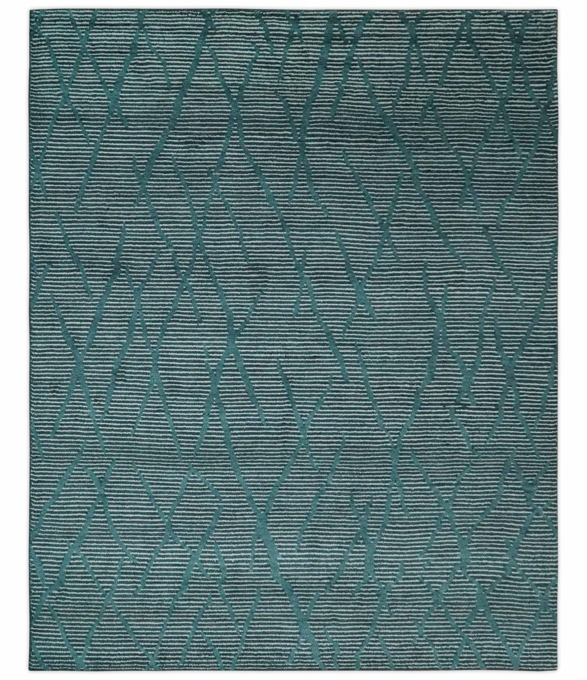 Custom Made Teal and Ivory Modern Stripes Design Hand Knotted wool Area Rug.