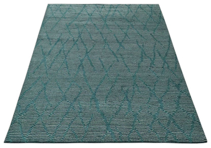 Custom Made Teal and Ivory Modern Stripes Design Hand Knotted wool Area Rug.