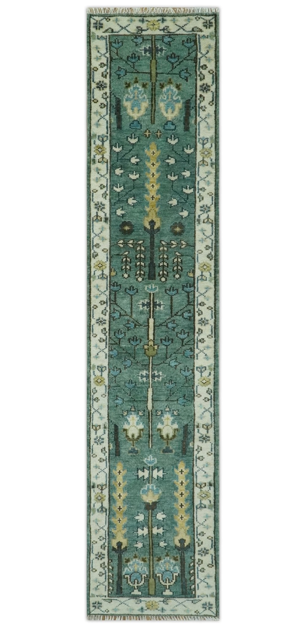 Custom Made Teal And Ivory Tree of life Hand Knotted Runner Rug.