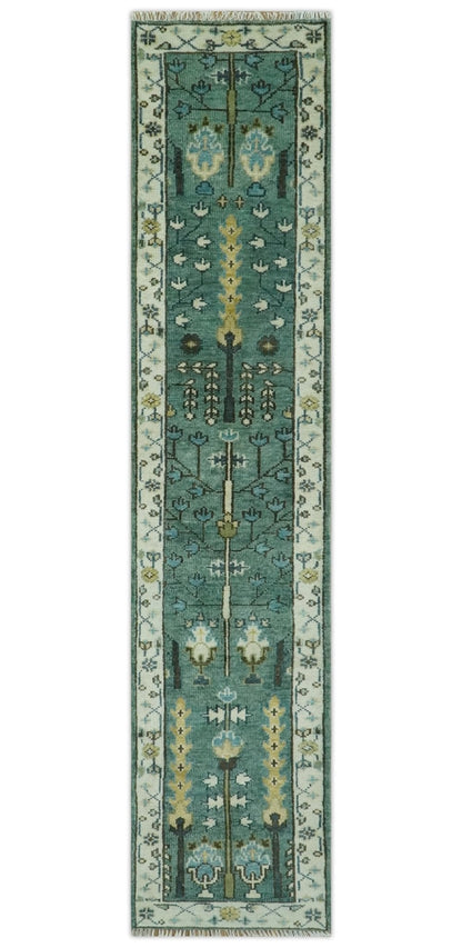 Custom Made Teal And Ivory Tree of life Hand Knotted Runner Rug.