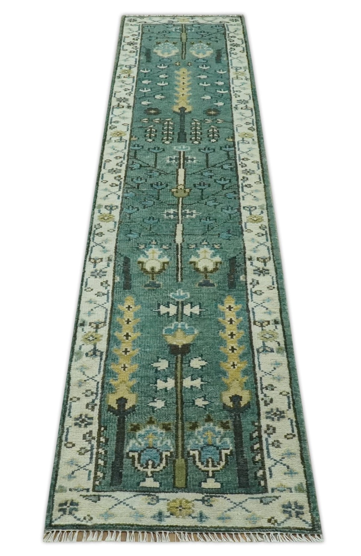 Custom Made Teal And Ivory Tree of life Hand Knotted Runner Rug.