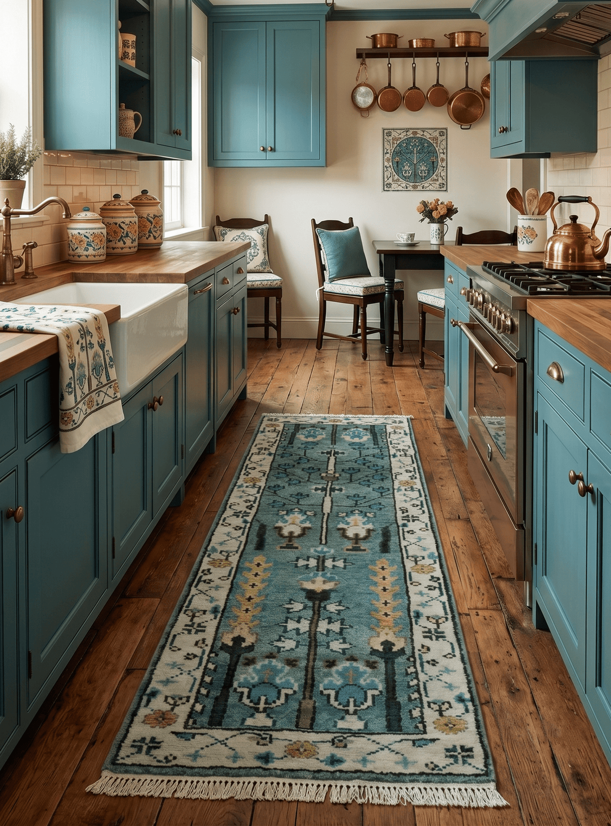 Custom Made Teal And Ivory Tree of life Hand Knotted Runner Rug.