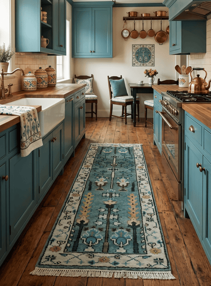 Custom Made Teal And Ivory Tree of life Hand Knotted Runner Rug.