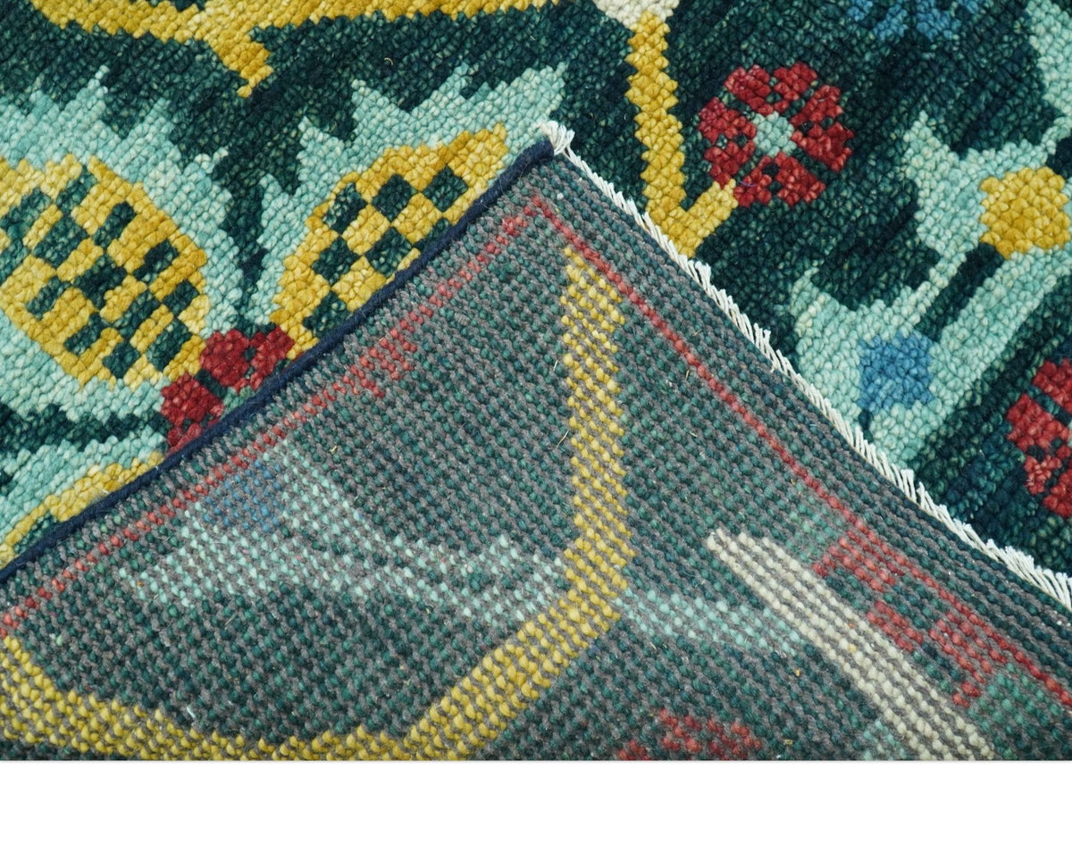 Custom Made Teal And Mustard Traditional Floral Motifs Hand Knotted Wool Rug.