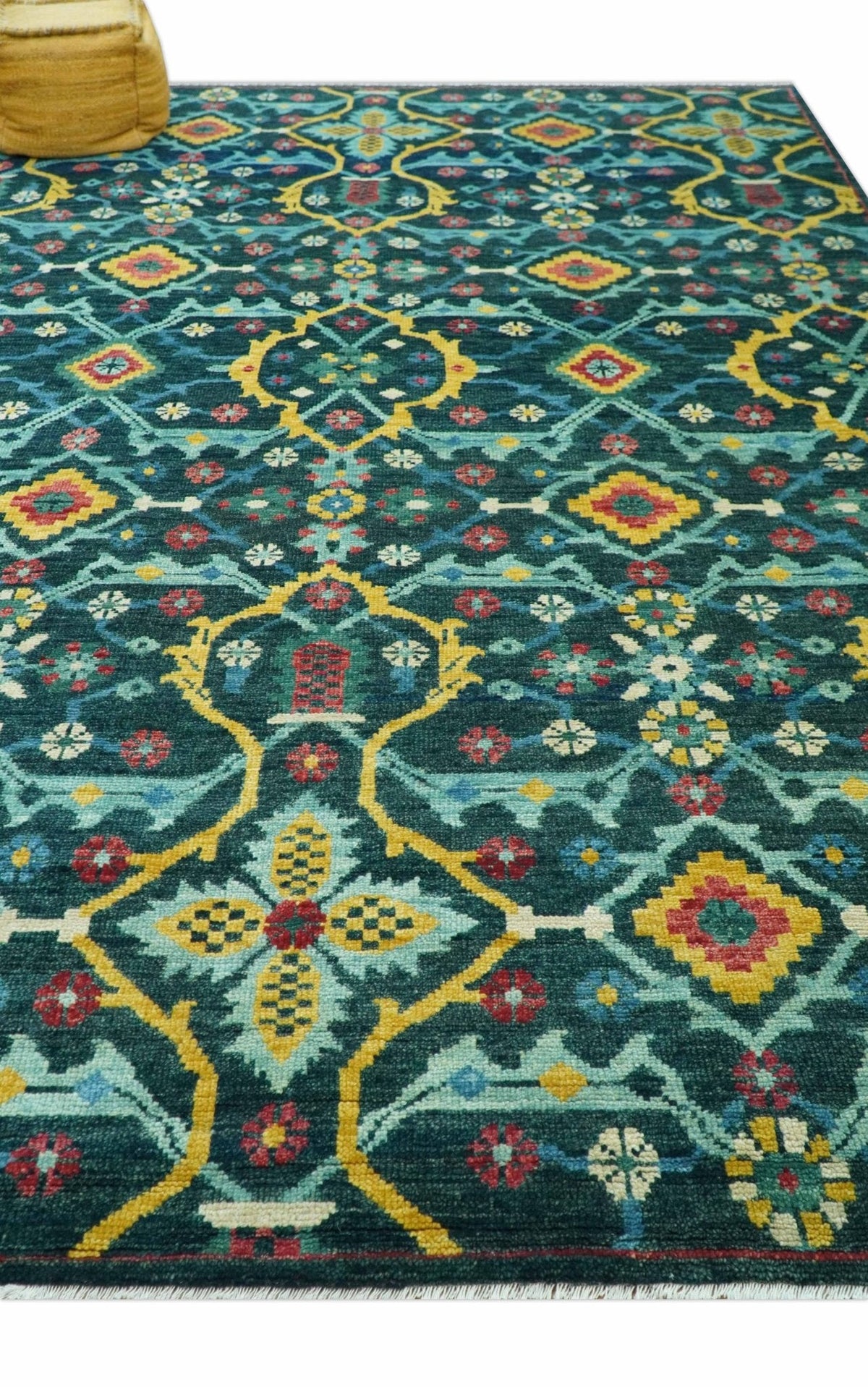 Custom Made Teal And Mustard Traditional Floral Motifs Hand Knotted Wool Rug.