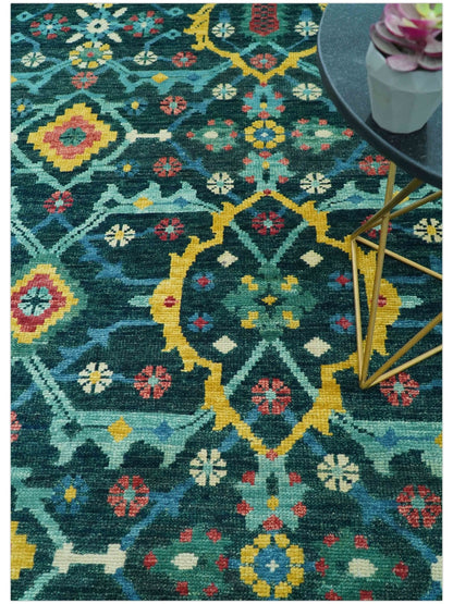 Custom Made Teal And Mustard Traditional Floral Motifs Hand Knotted Wool Rug.