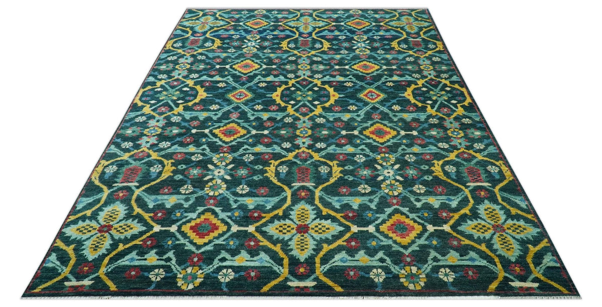 Custom Made Teal And Mustard Traditional Floral Motifs Hand Knotted Wool Rug.