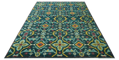 Custom Made Teal And Mustard Traditional Floral Motifs Hand Knotted Wool Rug.