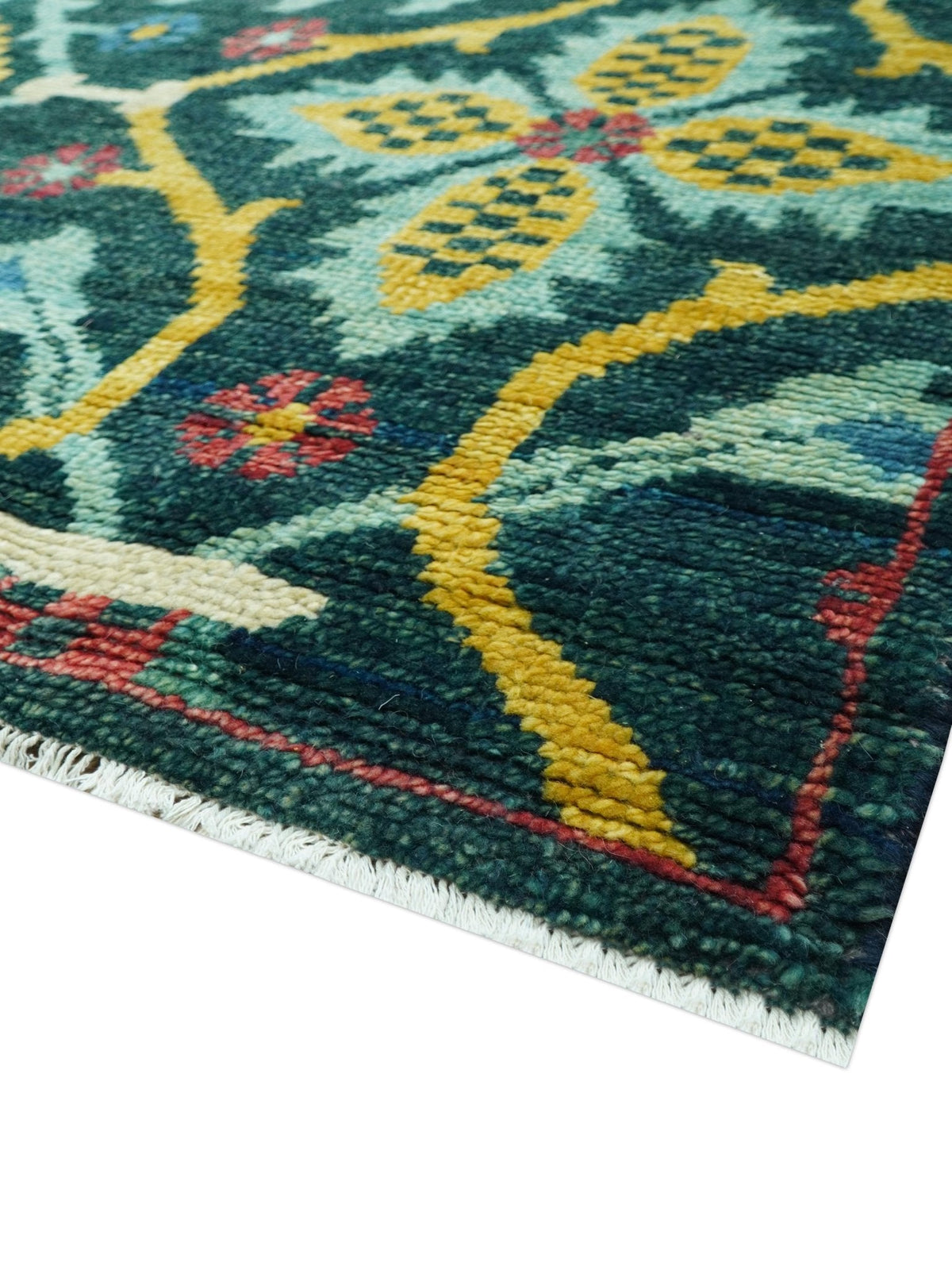 Custom Made Teal And Mustard Traditional Floral Motifs Hand Knotted Wool Rug.