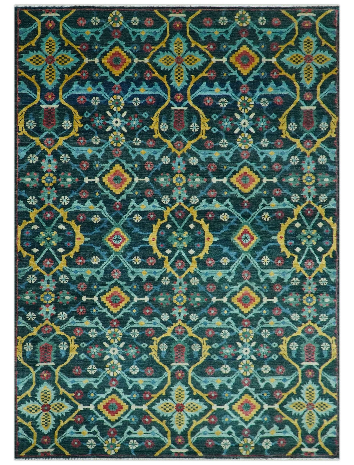Custom Made Teal And Mustard Traditional Floral Motifs Hand Knotted Wool Rug.