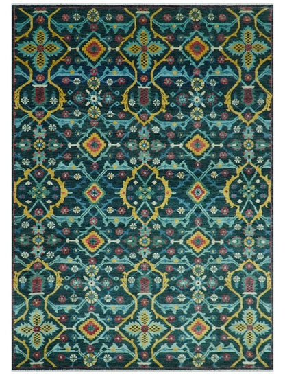 Custom Made Teal And Mustard Traditional Floral Motifs Hand Knotted Wool Rug.