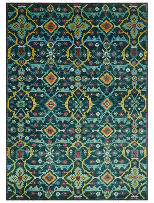 Custom Made Teal And Mustard Traditional Floral Motifs Hand Knotted Wool Rug.