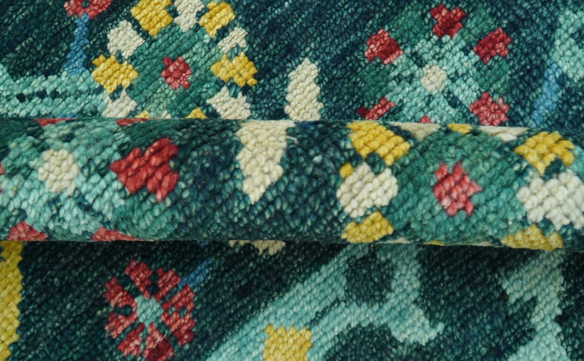 Custom Made Teal And Mustard Traditional Floral Motifs Hand Knotted Wool Rug.