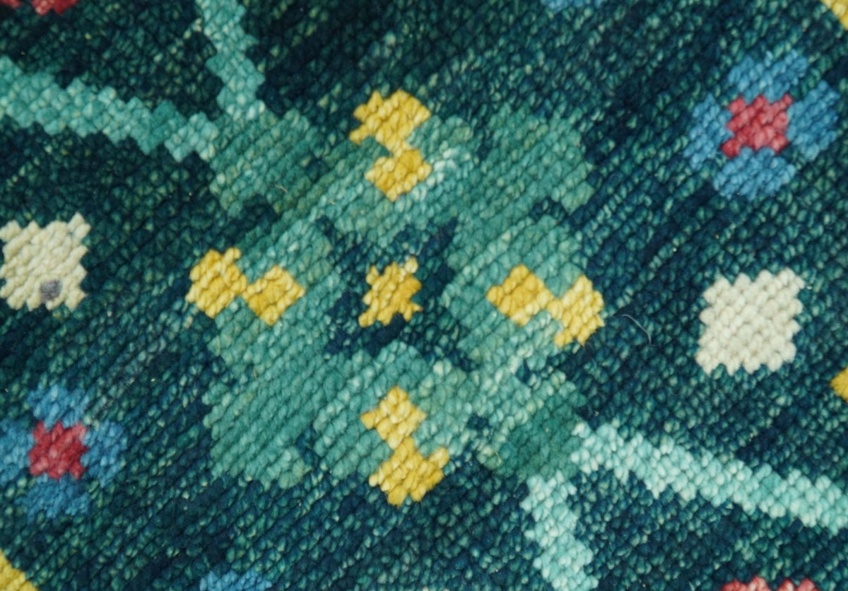Custom Made Teal And Mustard Traditional Floral Motifs Hand Knotted Wool Rug.