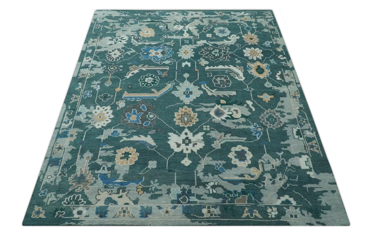 Custom Made Teal and Silver Traditional Oriental Oushak wool Area Rug.
