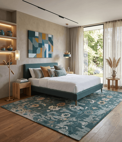 Custom Made Teal and Silver Traditional Oriental Oushak wool Area Rug.