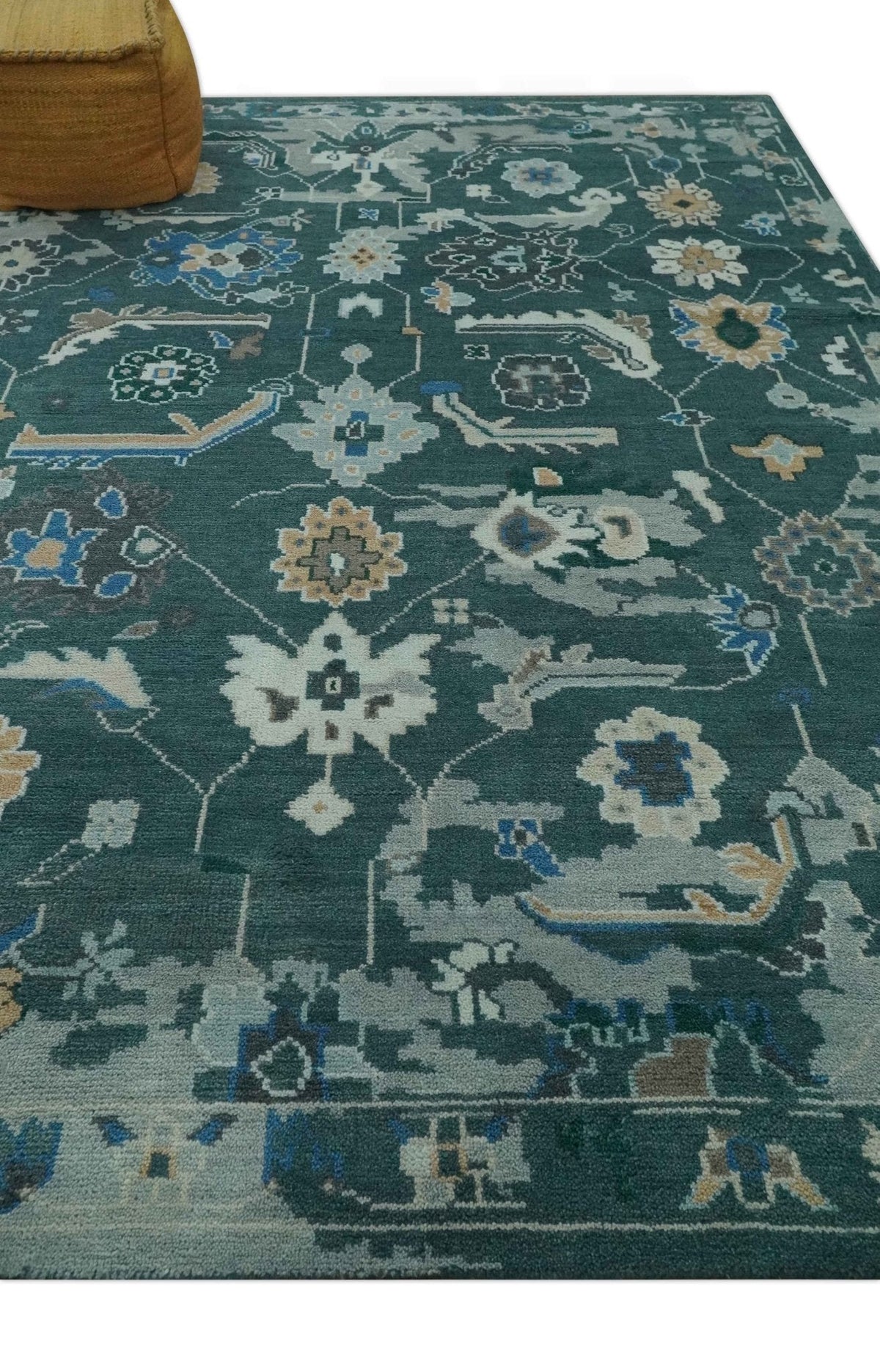 Custom Made Teal and Silver Traditional Oriental Oushak wool Area Rug.