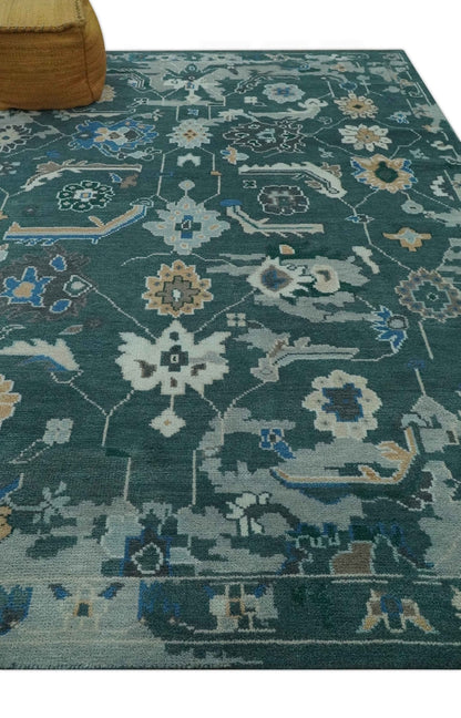 Custom Made Teal and Silver Traditional Oriental Oushak wool Area Rug.