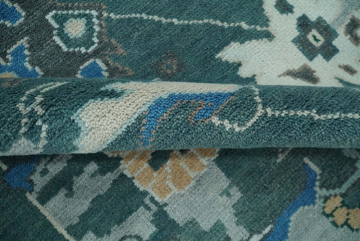 Custom Made Teal and Silver Traditional Oriental Oushak wool Area Rug.