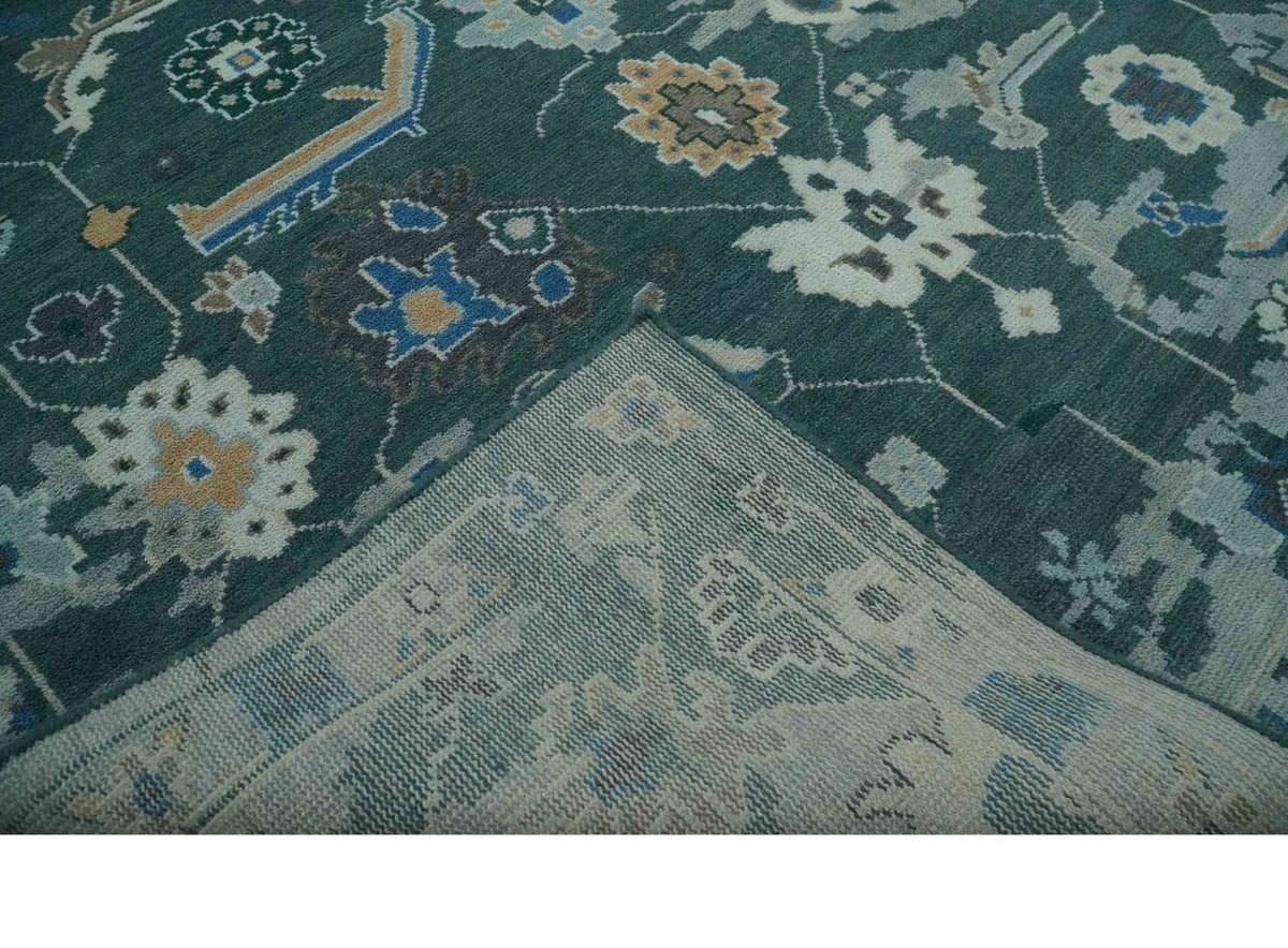 Custom Made Teal and Silver Traditional Oriental Oushak wool Area Rug.