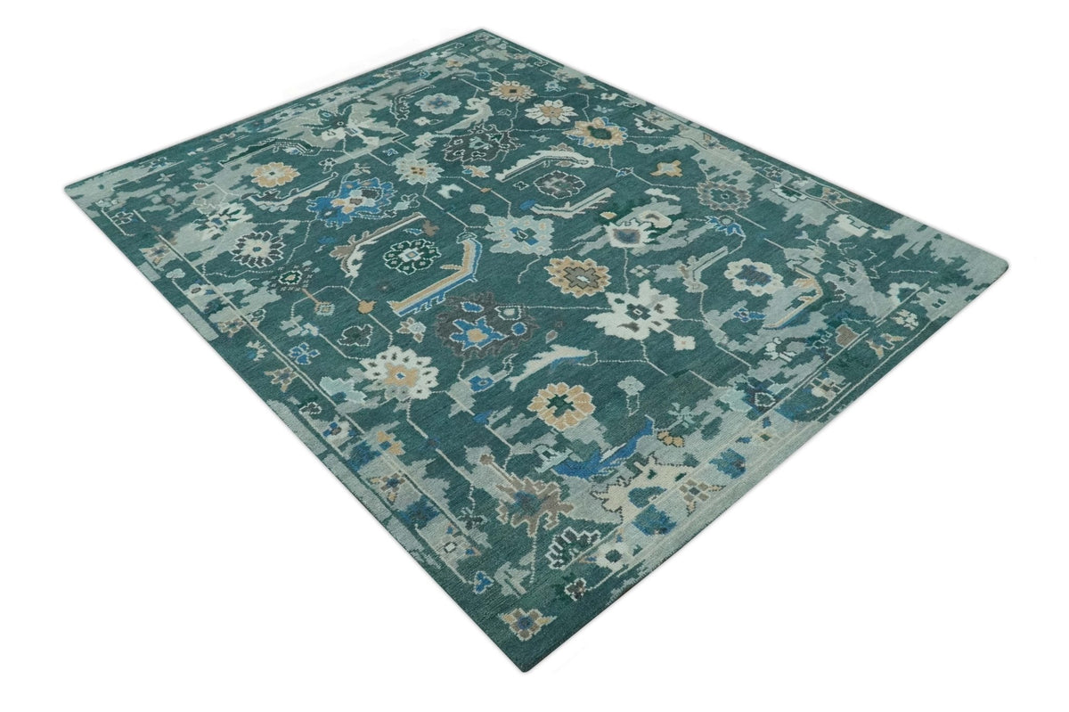 Custom Made Teal and Silver Traditional Oriental Oushak wool Area Rug.