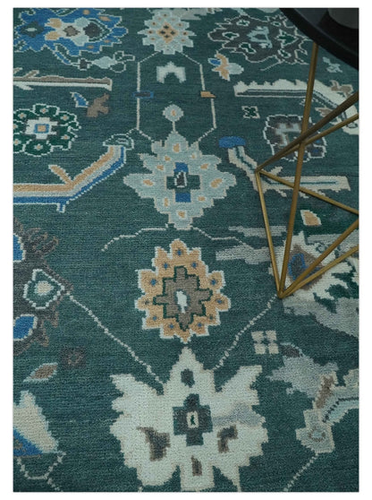 Custom Made Teal and Silver Traditional Oriental Oushak wool Area Rug.