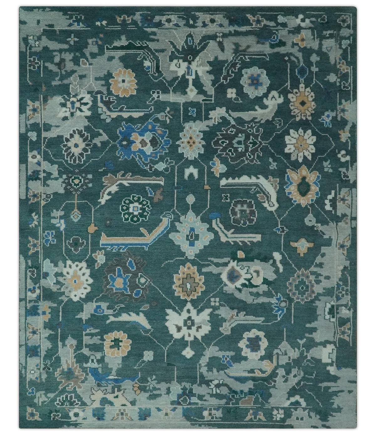 Custom Made Teal and Silver Traditional Oriental Oushak wool Area Rug.