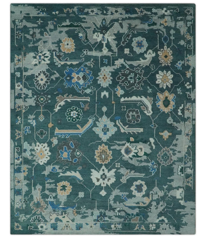 Custom Made Teal and Silver Traditional Oriental Oushak wool Area Rug.