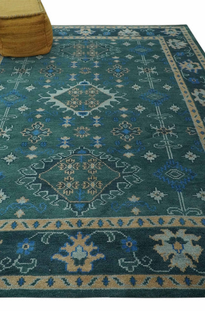 Custom Made Teal, Blue, Peach and Silver Hand Knotted Traditional Heriz wool Area Rug.
