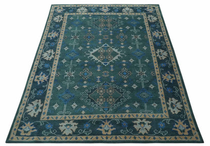 Custom Made Teal, Blue, Peach and Silver Hand Knotted Traditional Heriz wool Area Rug.