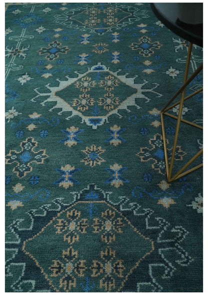Custom Made Teal, Blue, Peach and Silver Hand Knotted Traditional Heriz wool Area Rug.