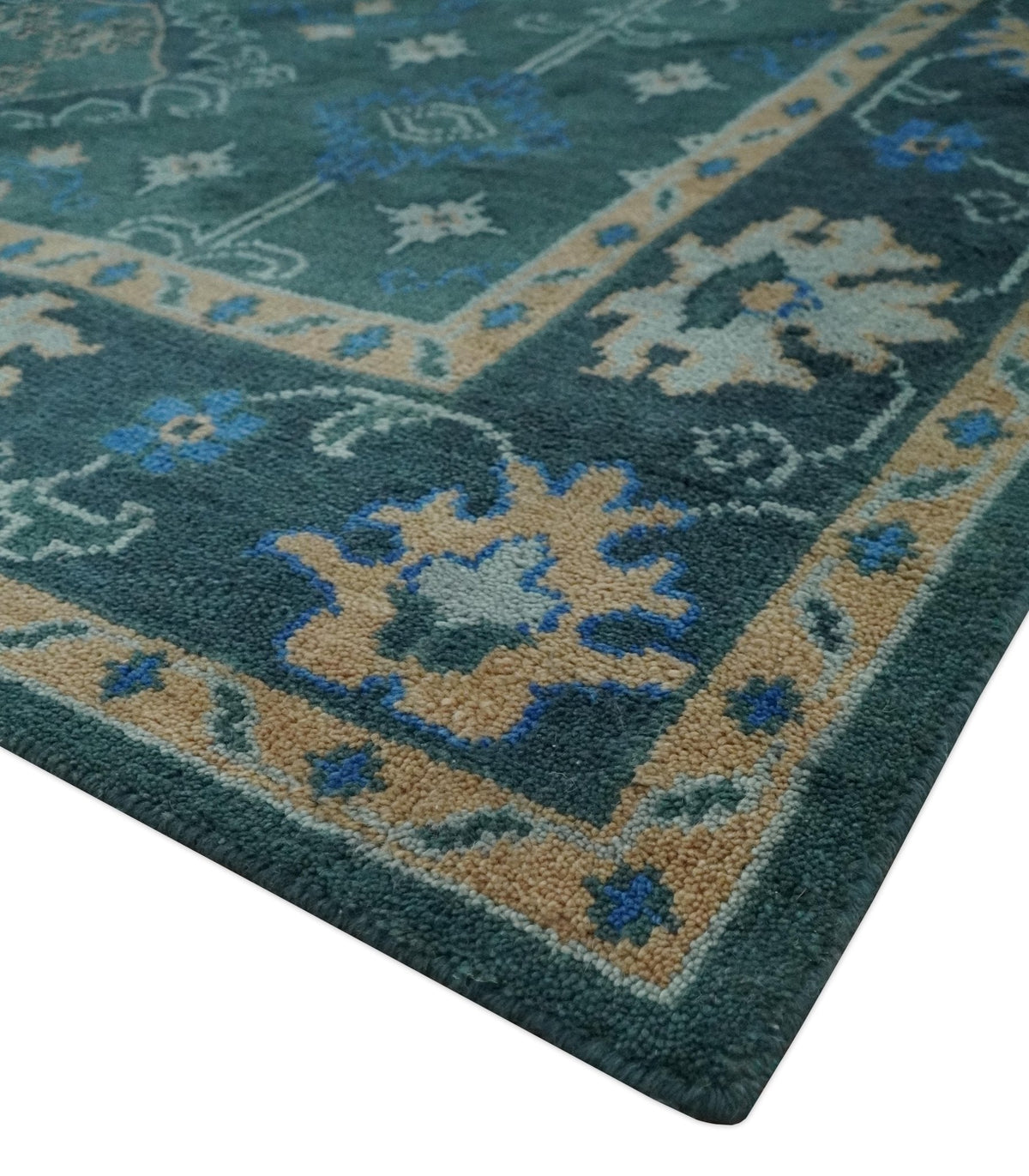 Custom Made Teal, Blue, Peach and Silver Hand Knotted Traditional Heriz wool Area Rug.