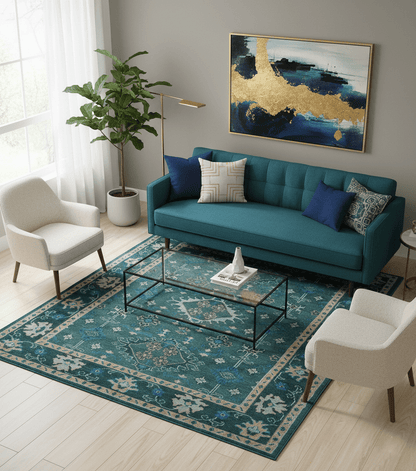 Custom Made Teal, Blue, Peach and Silver Hand Knotted Traditional Heriz wool Area Rug.