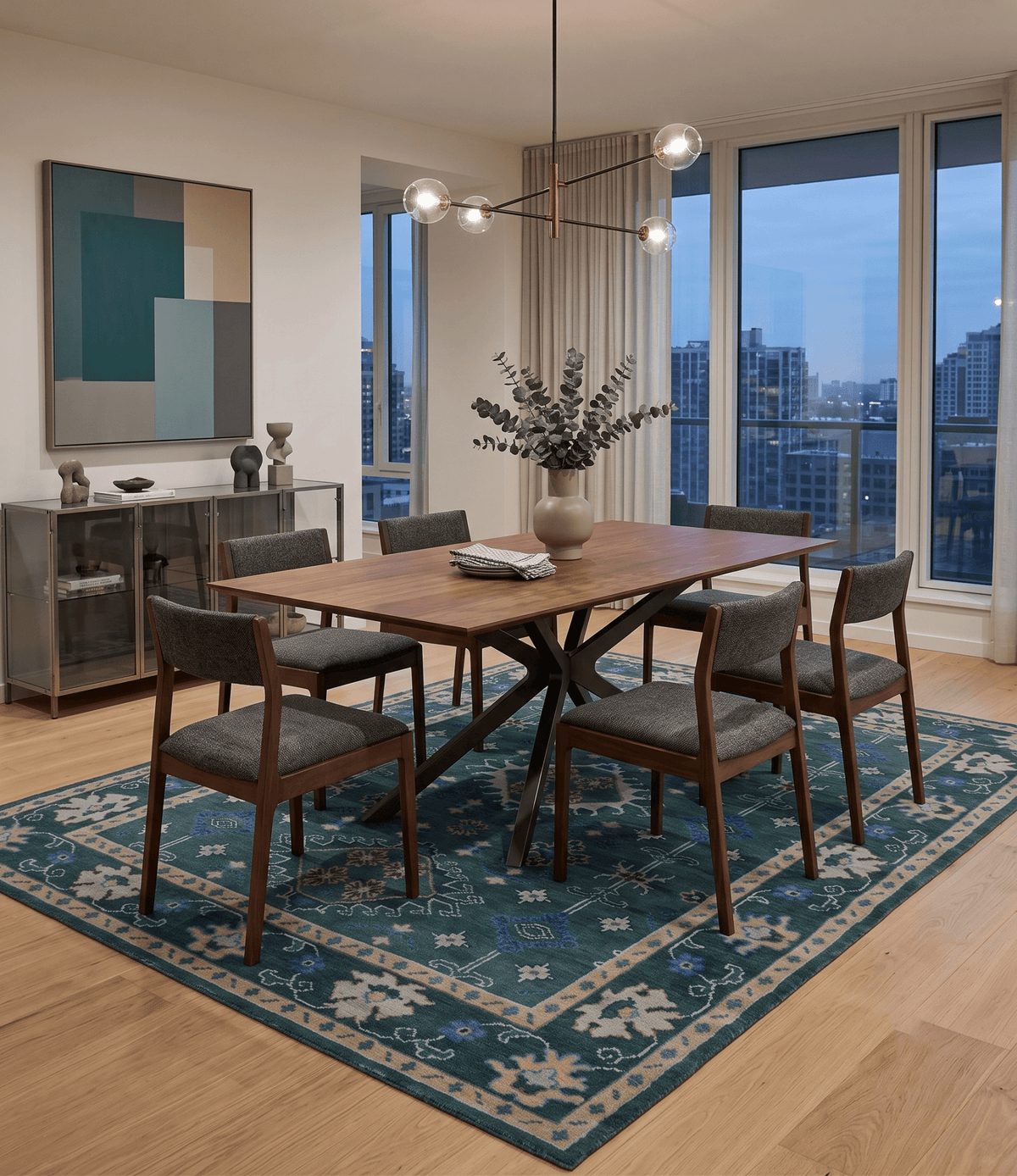Custom Made Teal, Blue, Peach and Silver Hand Knotted Traditional Heriz wool Area Rug.
