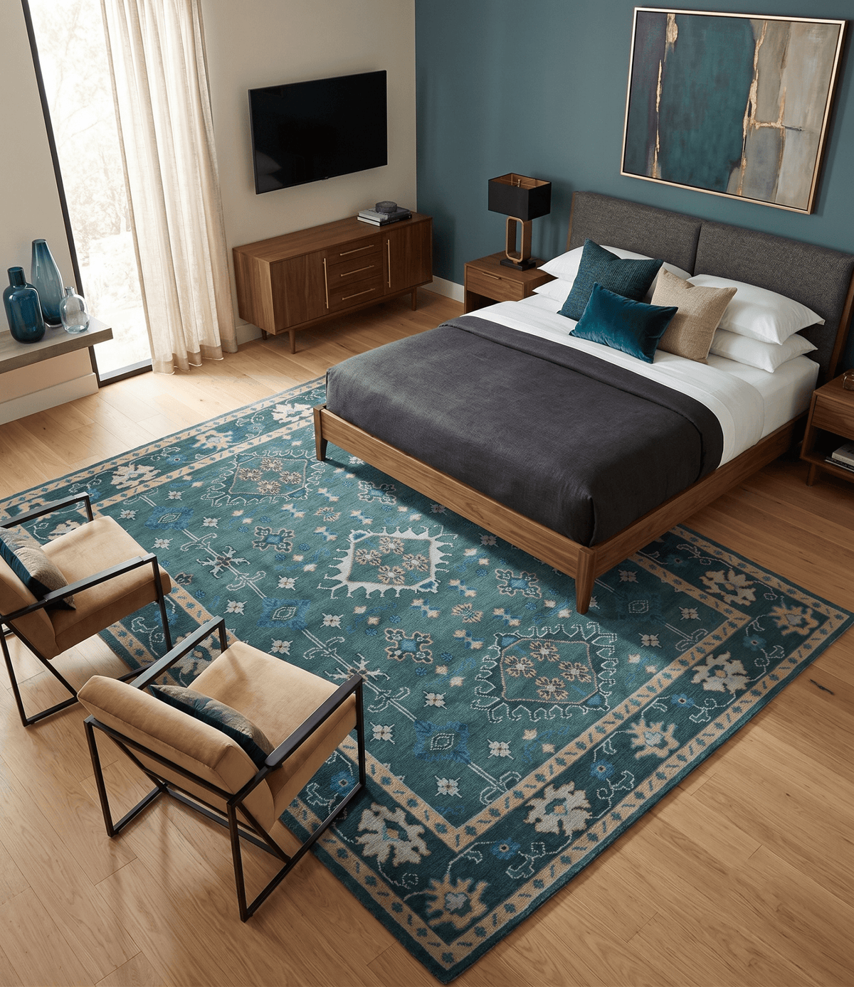 Custom Made Teal, Blue, Peach and Silver Hand Knotted Traditional Heriz wool Area Rug.