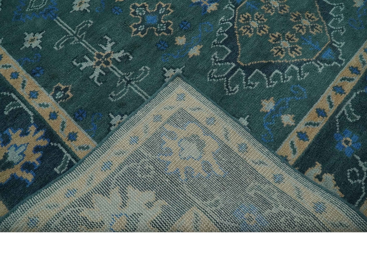 Custom Made Teal, Blue, Peach and Silver Hand Knotted Traditional Heriz wool Area Rug.