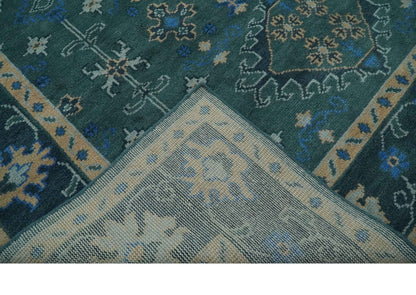 Custom Made Teal, Blue, Peach and Silver Hand Knotted Traditional Heriz wool Area Rug.