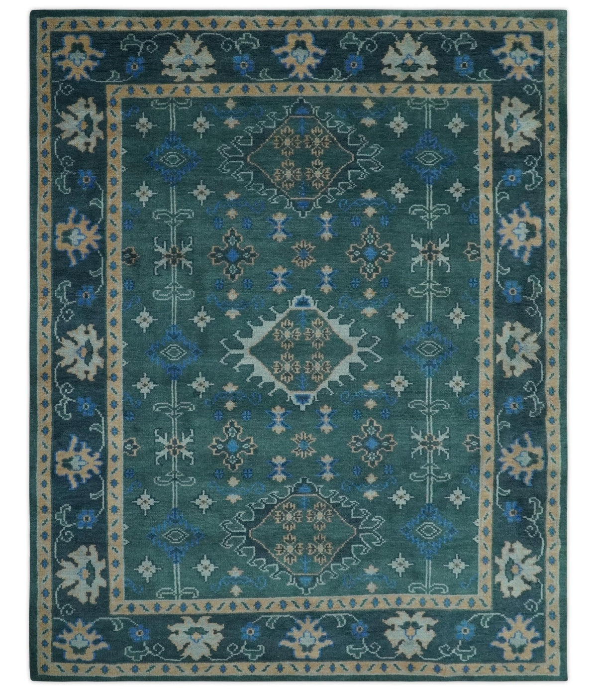 Custom Made Teal, Blue, Peach and Silver Hand Knotted Traditional Heriz wool Area Rug.