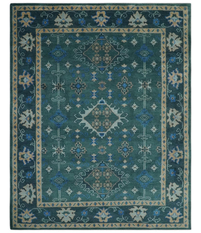 Custom Made Teal, Blue, Peach and Silver Hand Knotted Traditional Heriz wool Area Rug.