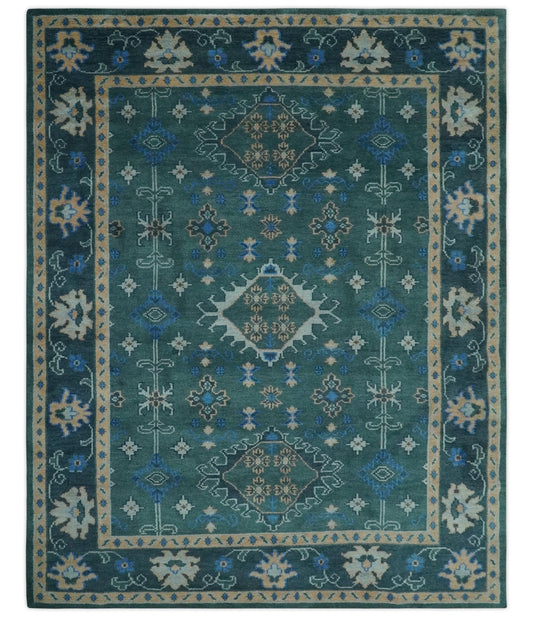 Custom Made Teal, Blue, Peach and Silver Hand Knotted Traditional Heriz wool Area Rug.
