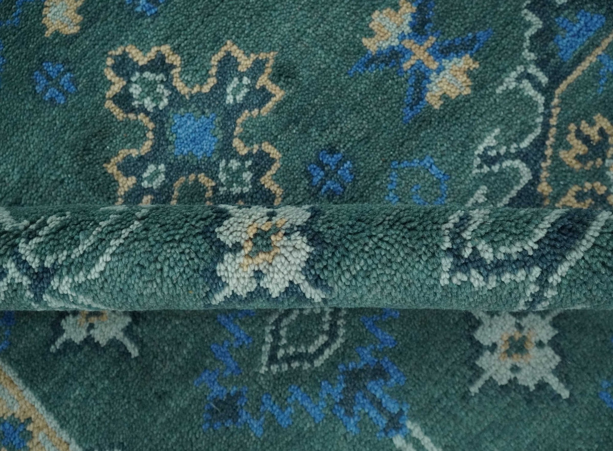 Custom Made Teal, Blue, Peach and Silver Hand Knotted Traditional Heriz wool Area Rug.