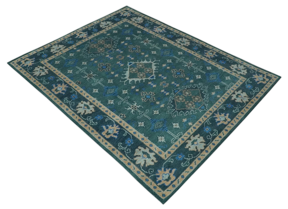 Custom Made Teal, Blue, Peach and Silver Hand Knotted Traditional Heriz wool Area Rug.